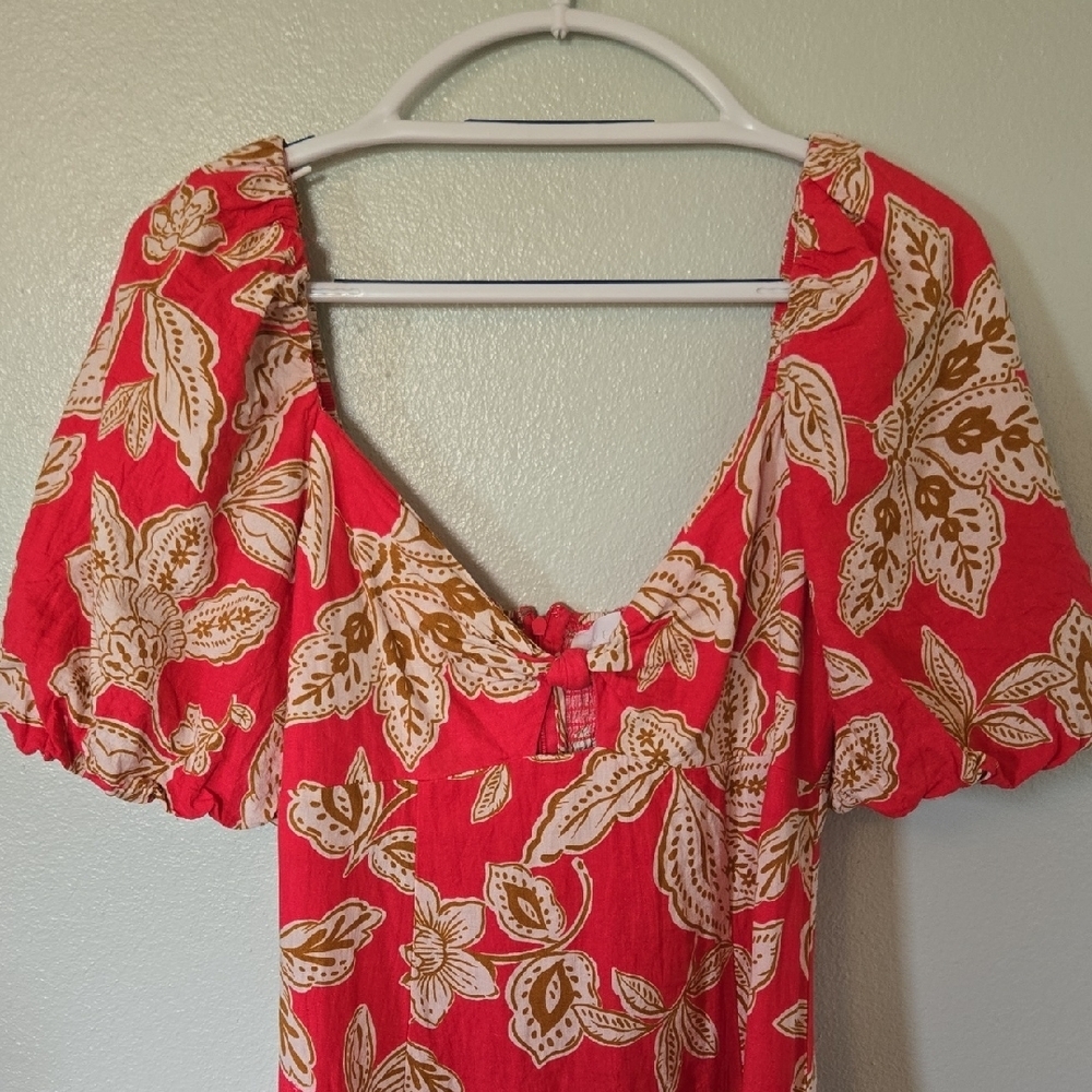 Every | Bright Pink With Brown Floral Print Linen Blend Maxi Dress Size Large